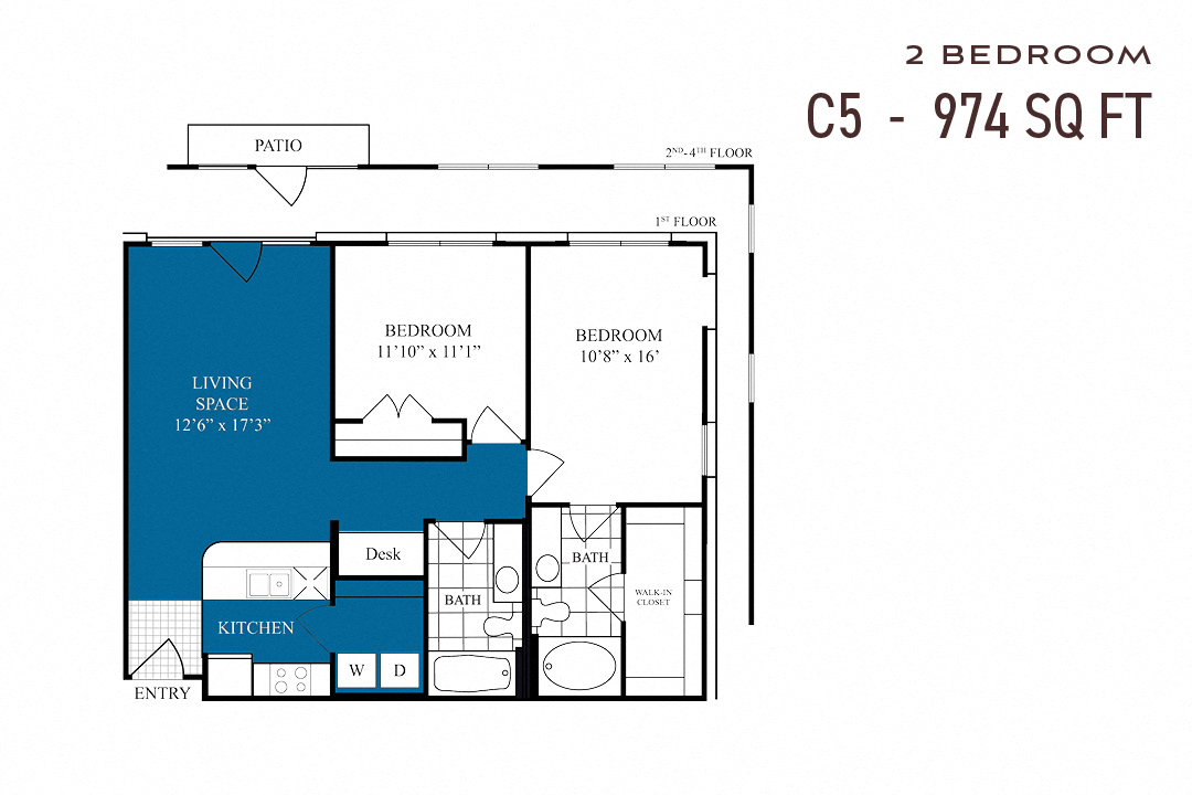 Floor plan for 2 beds, 2 baths, 974 sqft